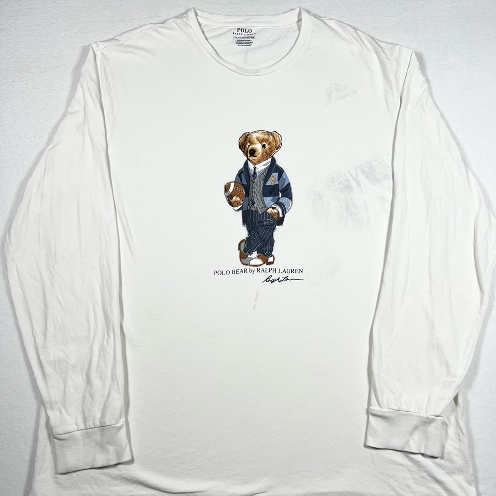 Polo Ralph Lauren Football Bear Long Sleeve White T-Shirt Mens Size XXL - Picture 1 of 10